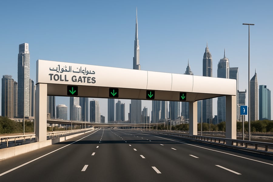A modern Dubai highway with clear toll gates and city skyline