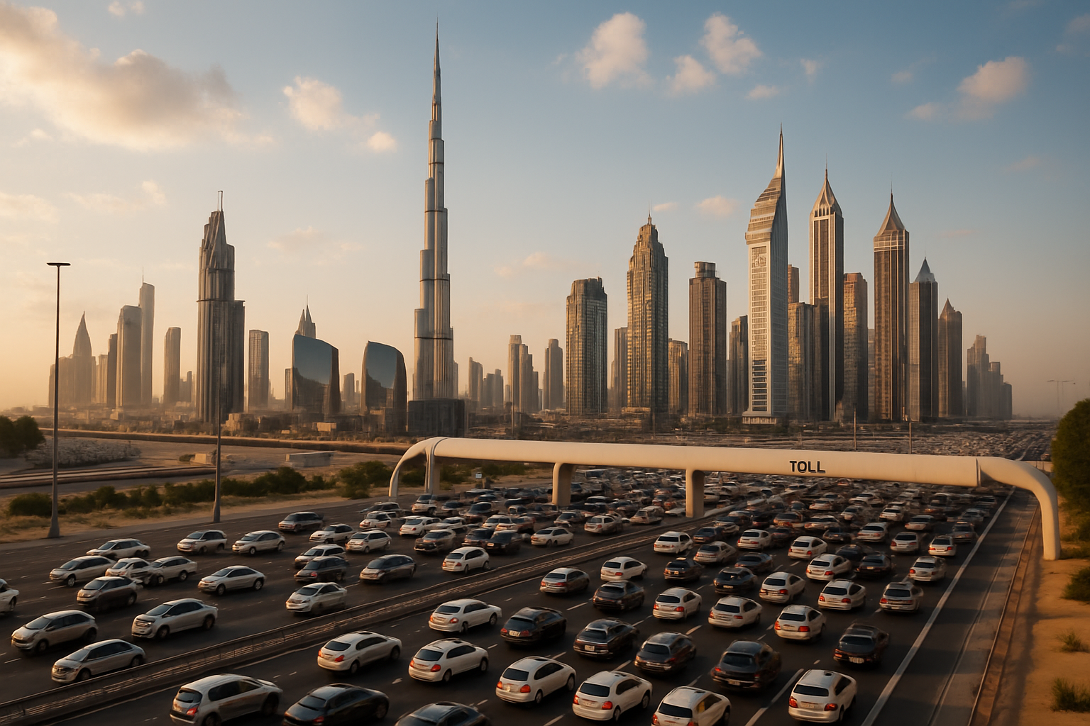 Dubai skyline with busy toll road traffic